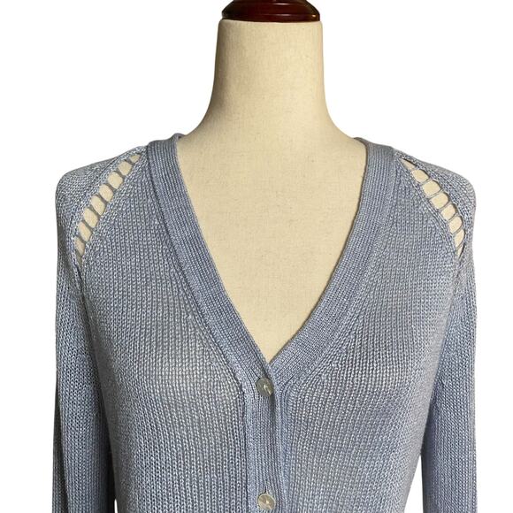 Theory Hanelee Linen Viscose Cropped Knit Cardigan Womens P Blue Minimalist Chic - Picture 6 of 14